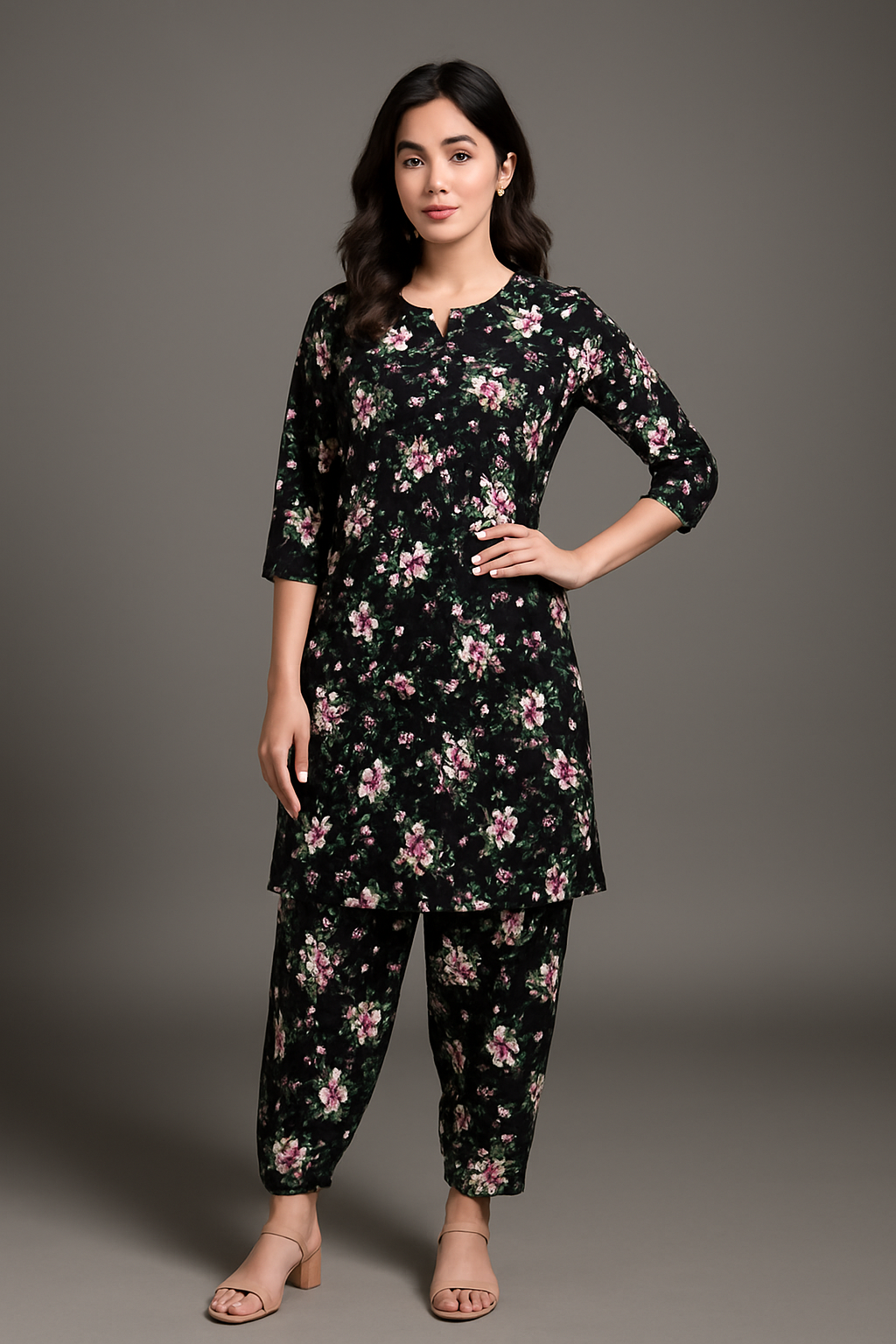 Woman wearing a black floral outfit on a gray background